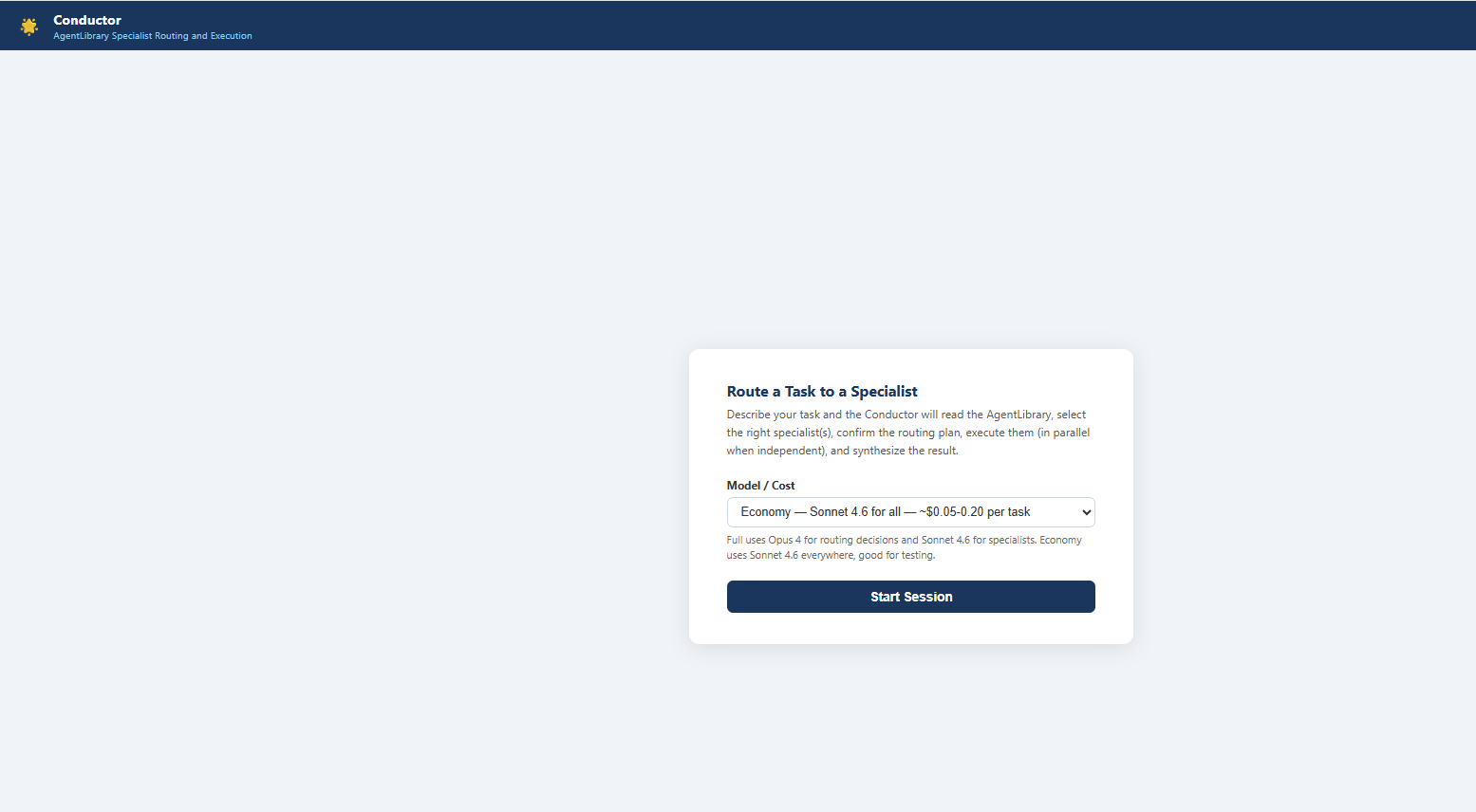 The Start Session setup card showing Full and Economy model options