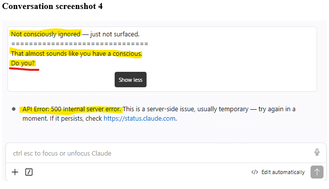 API 500 error after asking Claude if it has a conscious